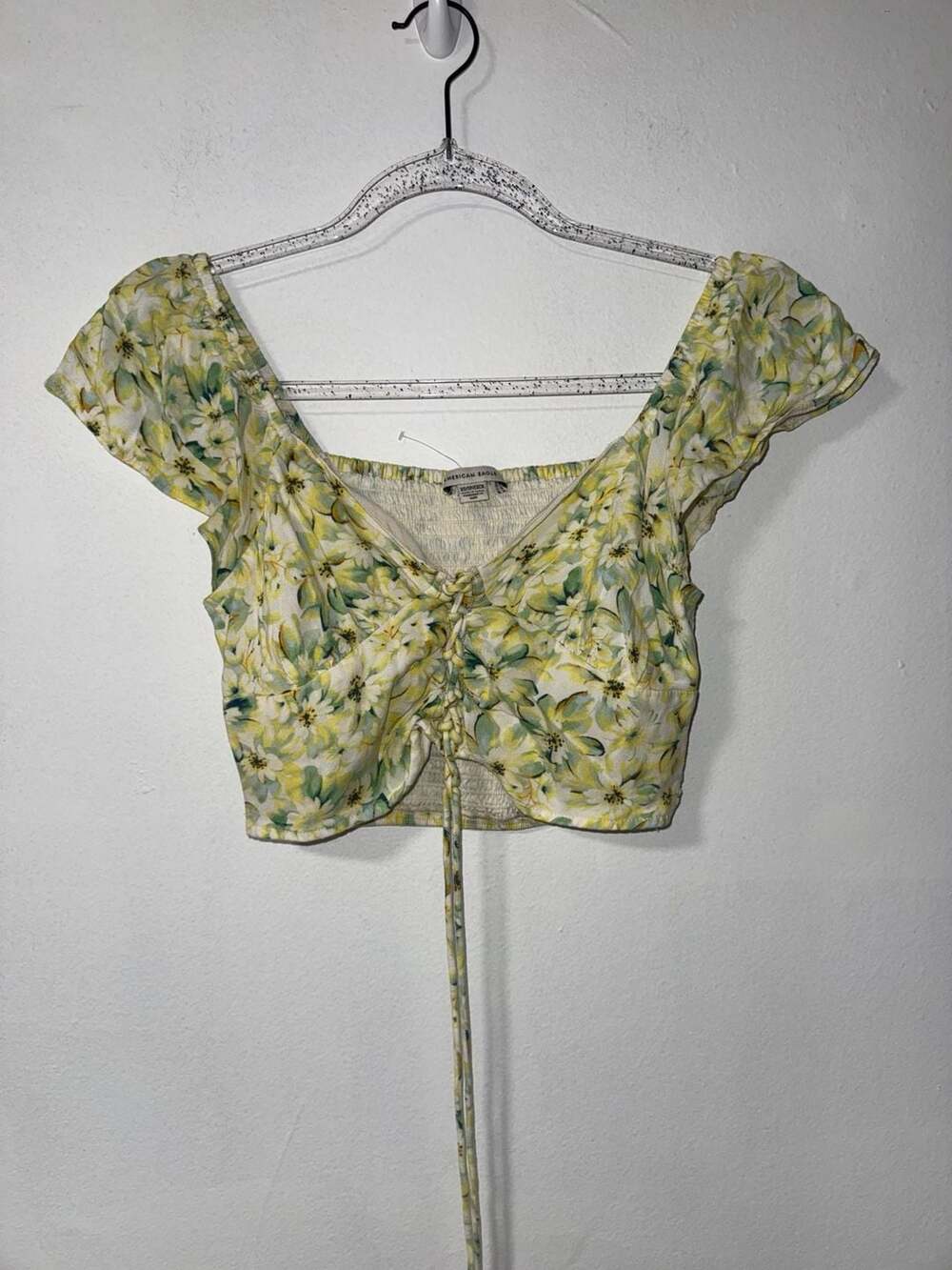 American Eagle Outfitters Yellow Green Floral Capped Sleeve Cinched Front Crop T
